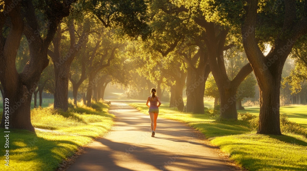Young woman jogging on a country road at sunrise under oak trees canopy Young woman jogging on a country road at sunrise under oak trees canopy