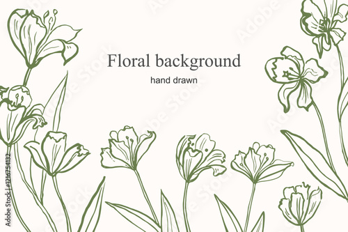 Hand drawn banner with field of blooms flowers for text. Vector background with sketch of tulips glade. Floral romantic border with line silhouettes of florets for card, media, poster, invitation