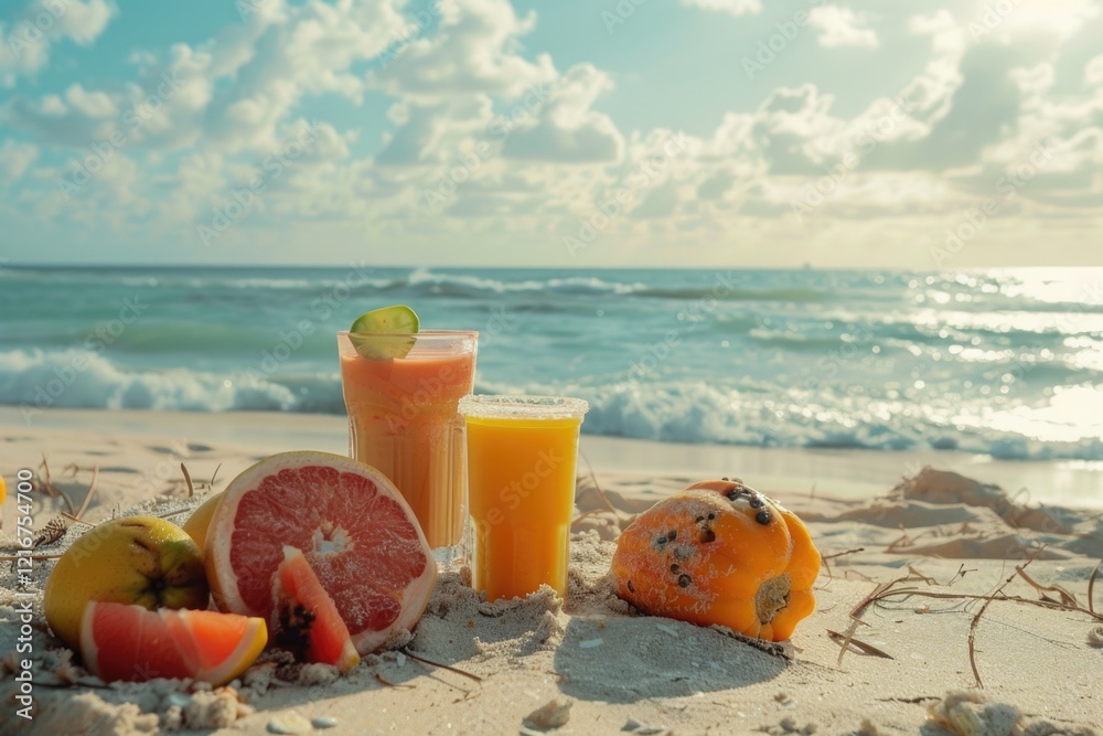 Fresh fruit salad with juice on the sandy shore of a beach at sunset. Fresh fruit salad with juice on the sandy shore of a beach at sunset.