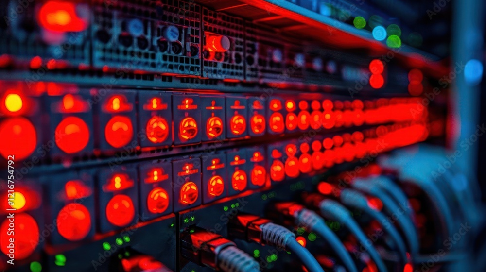 Close-up view of illuminated server equipment showcasing vibrant red lights and connections Close-up view of illuminated server equipment showcasing vibrant red lights and connections
