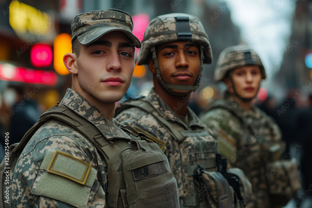 Three soldiers, representing different ethnicities, stand together in a busy urban street. Their serious expressions reflect dedication and readiness amidst the bustling crowds Three soldiers, representing different ethnicities, stand together in a busy urban street. Their serious expressions reflect dedication and readiness amidst the bustling crowds