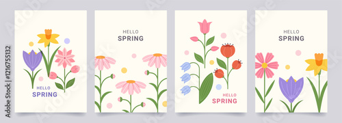 Set of spring modern backgrounds with minimalist geometric flowers. Flat trendy design. Vector template for poster, branding, ads, card, prints, banner.