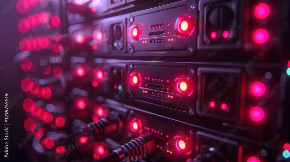 Obraz premium Close-up of illuminated server racks with red lights in a data center, showcasing technology in action