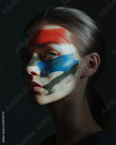 Woman with painted face expressing emotion in dramatic lighting photo