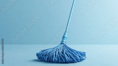 Blue mop cleaning light blue floor, minimalist background