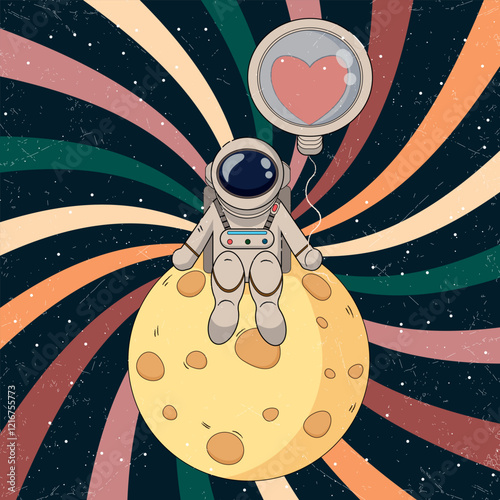 Retro-style vector illustration of an astronaut. Space theme, World Cosmonautics Day.Flying on the moon.The poster.The banner