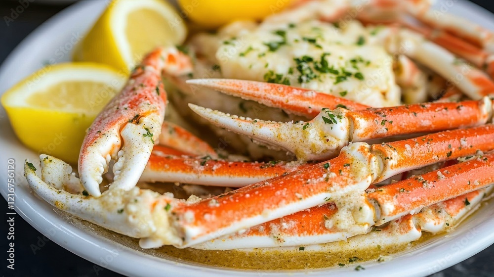 Delicious Crab Dish with Garlic Butter and Lemon Wedges Delicious Crab Dish with Garlic Butter and Lemon Wedges