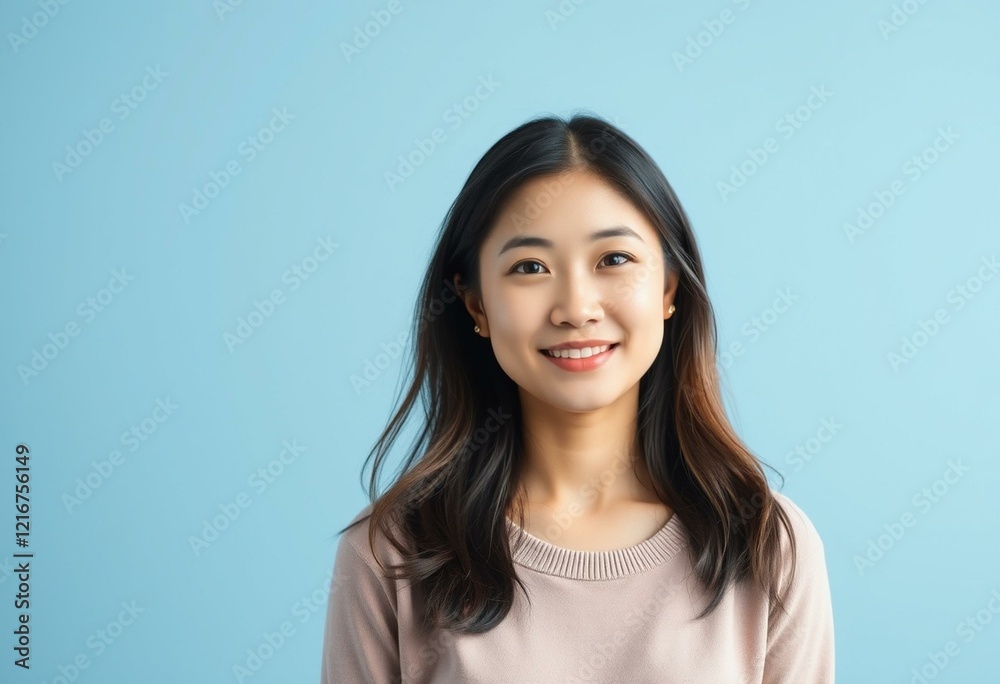 Asian woman standing against soft blue background Asian woman standing against soft blue background