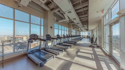 City view gym with treadmills, sunlight streaming in photo