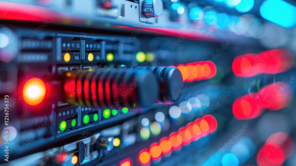 Close-up view of illuminated server rack components showcasing vibrant lights and controls Close-up view of illuminated server rack components showcasing vibrant lights and controls