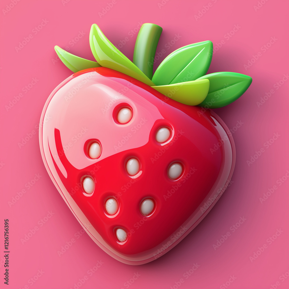 Obraz premium Glossy strawberry with green leaves on pink background
