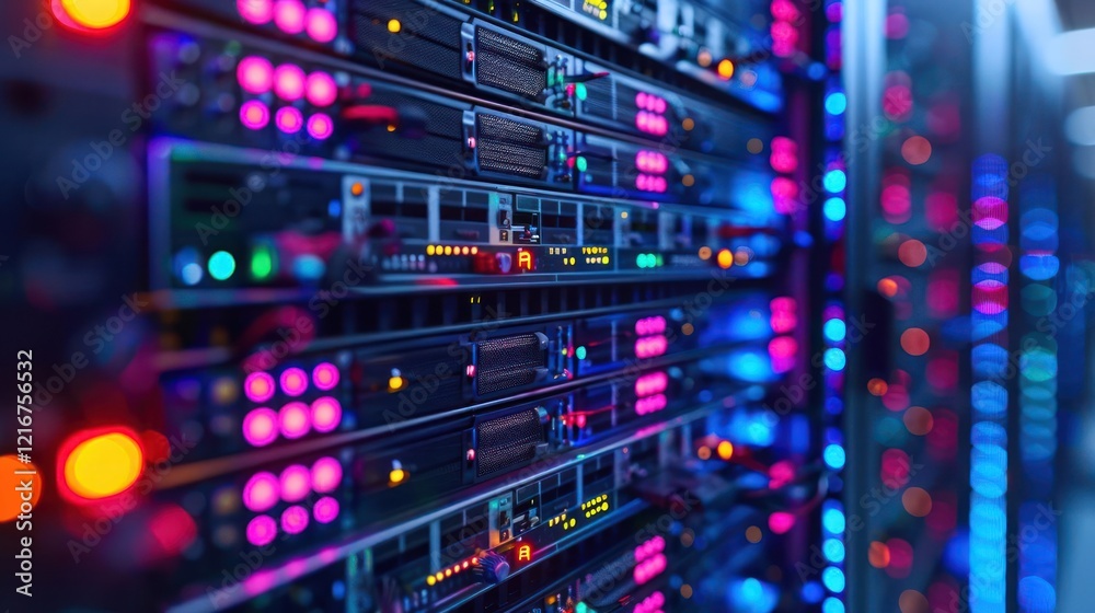 Close-up view of illuminated server racks showcasing vibrant LED indicators in a data center (1) Close-up view of illuminated server racks showcasing vibrant LED indicators in a data center (1)