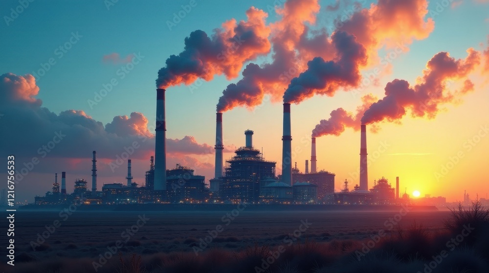 Industrial Complex at Sunset A Dramatic Silhouette of Smoke Stacks Against a Vibrant Sky Industrial Complex at Sunset A Dramatic Silhouette of Smoke Stacks Against a Vibrant Sky
