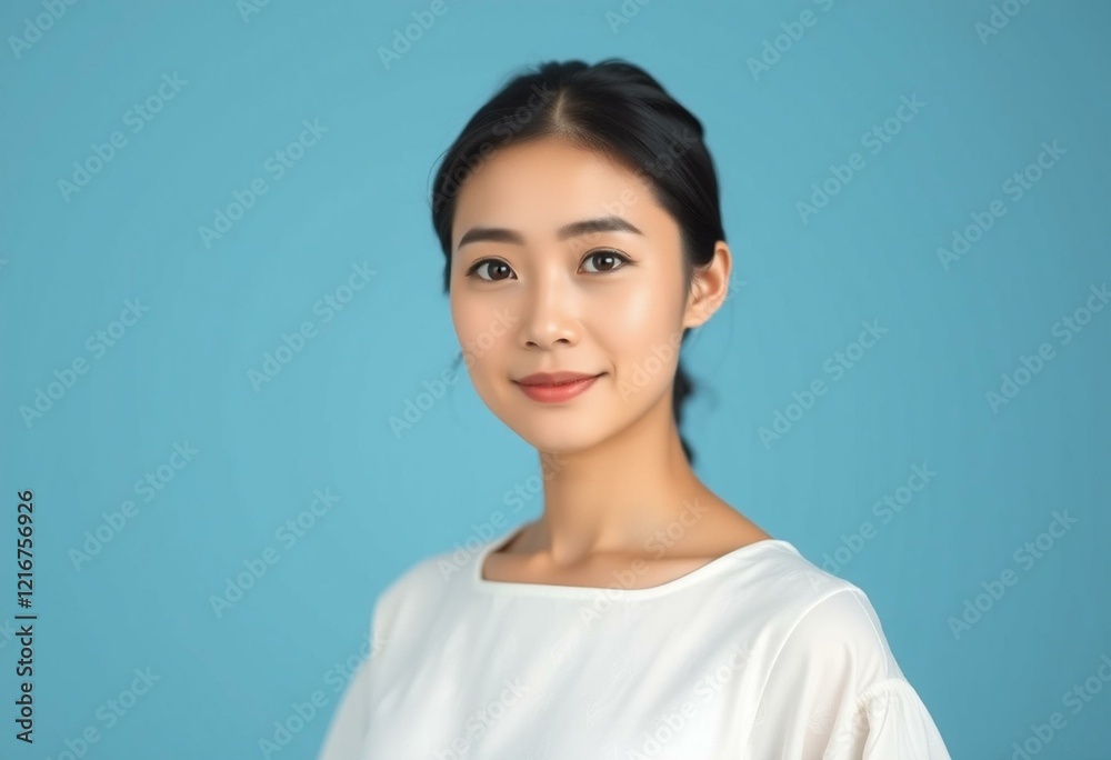 Asian woman in white dress on blue background Asian woman in white dress on blue background