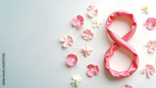 Flat-lay satin ribbon number 8 with scattered petals on minimal background for Women's Day