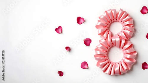 Flat-lay satin ribbon number 8 with scattered petals on minimal background for Women's Day