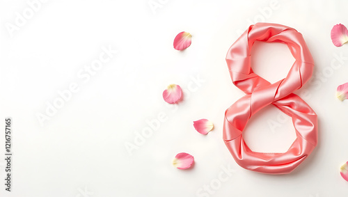 Flat-lay satin ribbon number 8 with scattered petals on minimal background for Women's Day