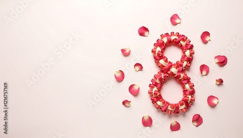 Flat-lay satin ribbon number 8 with scattered petals on minimal background for Women's Day