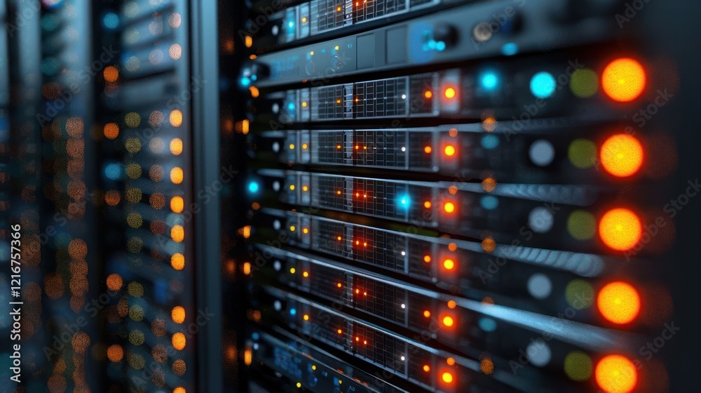 Close-up view of illuminated server racks in a data center showcasing technology in action (11) Close-up view of illuminated server racks in a data center showcasing technology in action (11)