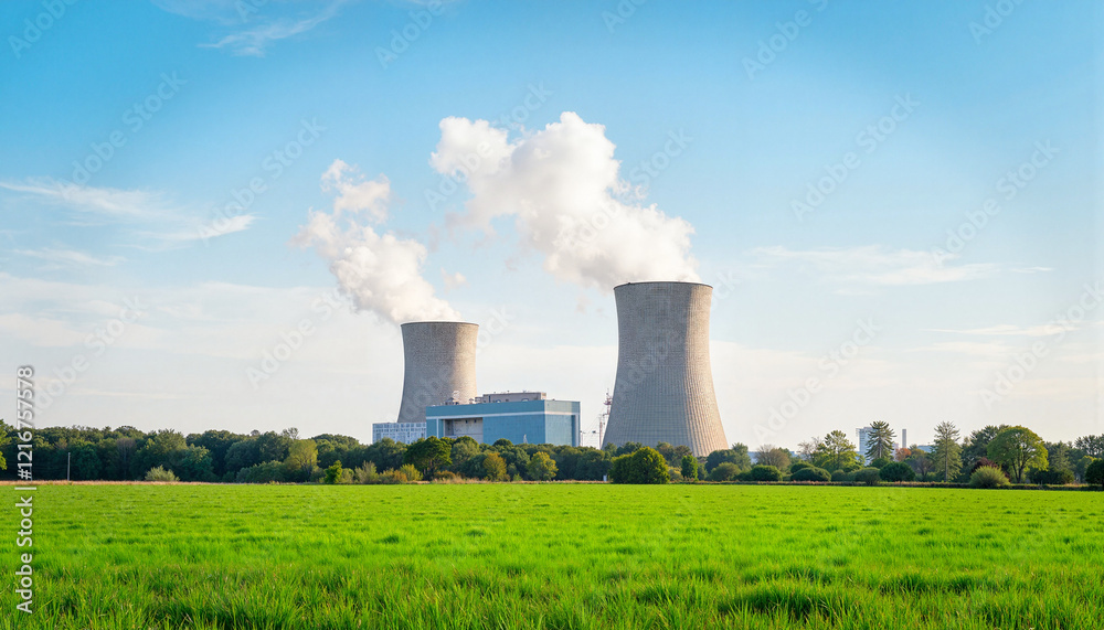 Nuclear power plant cooling towers amidst lush green landscape, energy production Nuclear power plant cooling towers amidst lush green landscape, energy production