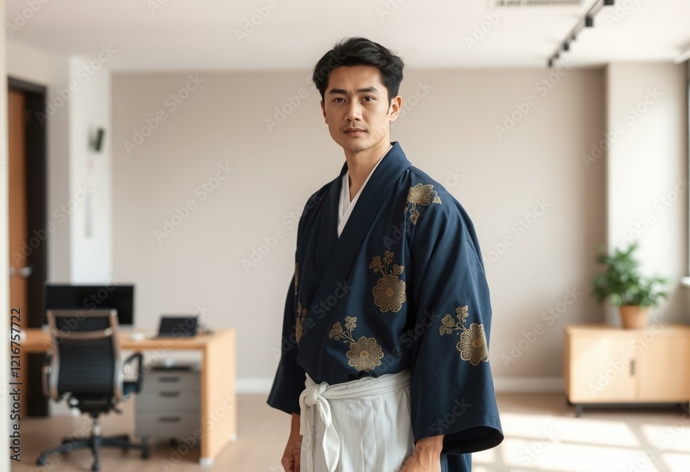 Male portrait in traditional Japanese clothing in modern office setting Male portrait in traditional Japanese clothing in modern office setting