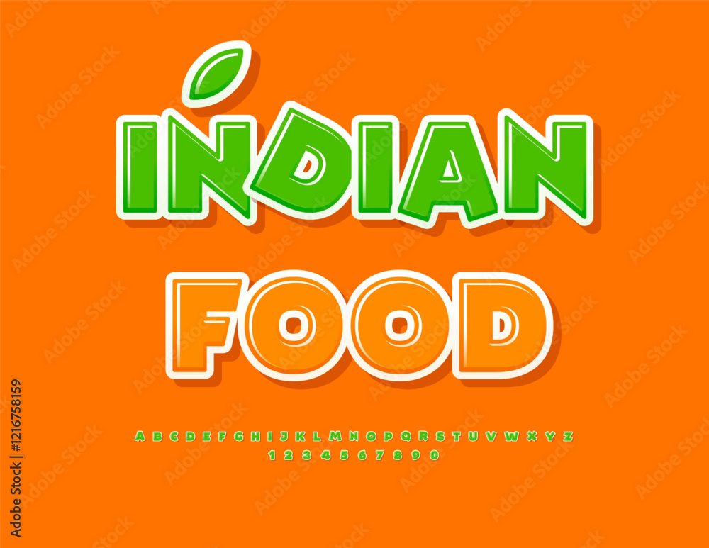 Naklejka premium Vector Culinary sign Indian Food with Bright Font. Set of Green Sticker Alphabet Letters and Numbers set.