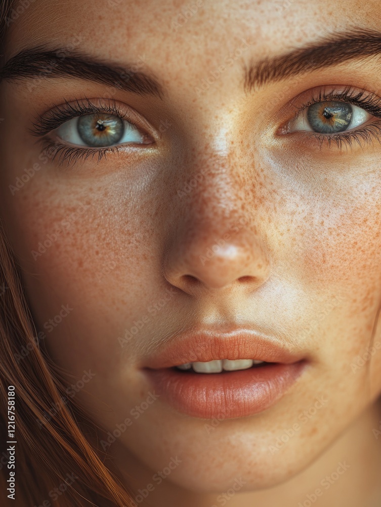 Fototapeta premium Beautiful, detailed close-up of a woman with freckles and brown eyes.