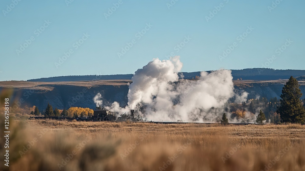Fototapeta premium Geothermal drilling site in operation, showcasing advanced technology harnessing natural energy for sustainable power generation. 