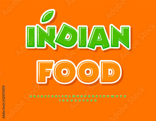 Vector Culinary sign Indian Food with Bright Font. Set of Green Sticker Alphabet Letters and Numbers set.