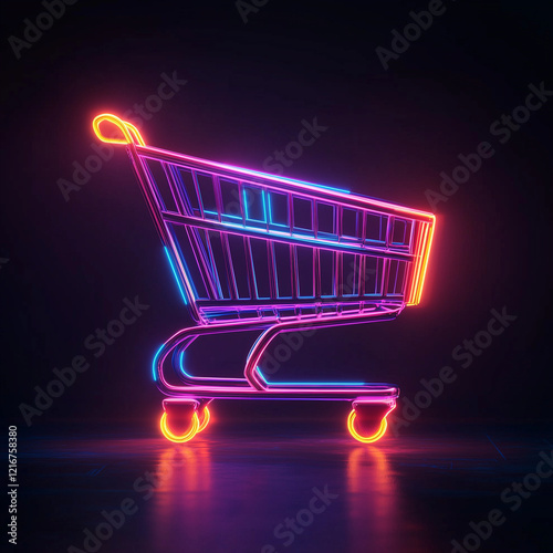 Neon shopping cart glowing against dark background