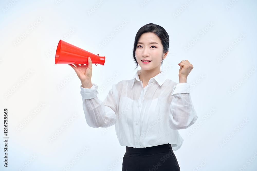 A businesswoman in a formal suit is posing while holding a red megaphone. A businesswoman in a formal suit is posing while holding a red megaphone.