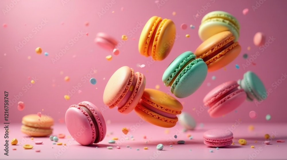 Obraz premium Delightful Pastry Confectioneries in Mid-Air Flight, Suspended Against a Soft Pink Backdrop