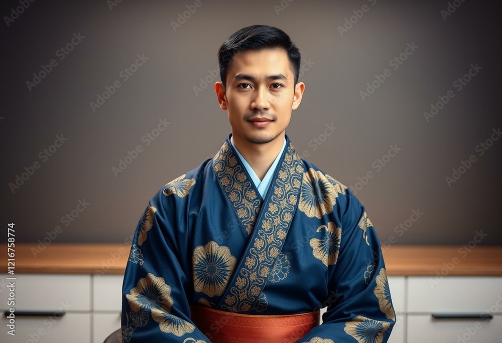 Portrait of a male professional in traditional Japanese attire in a modern office Portrait of a male professional in traditional Japanese attire in a modern office