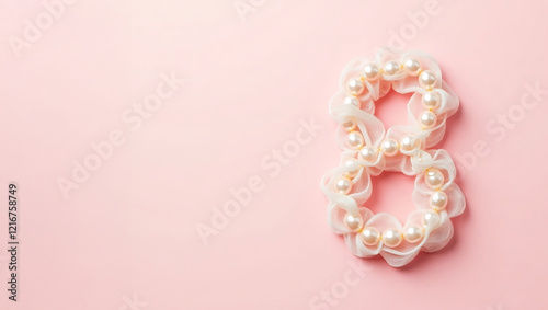Pearls and lace forming number 8 on soft pink background for Women's Day designs