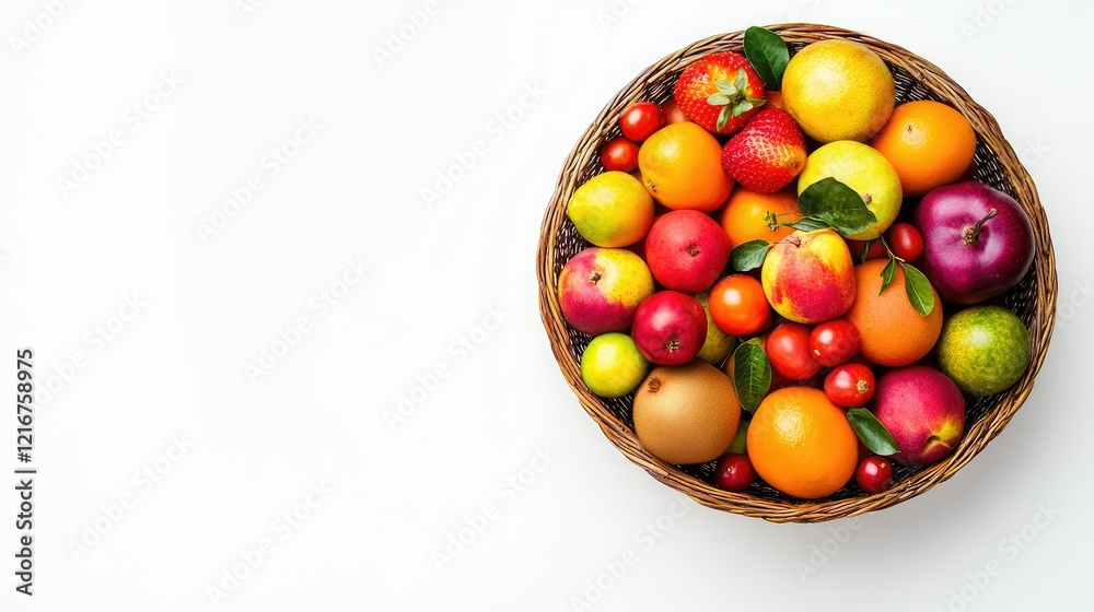 A top-view shot of a shopping basket filled with mixed fruits, isolated on white background with vibrant colors A top-view shot of a shopping basket filled with mixed fruits, isolated on white background with vibrant colors