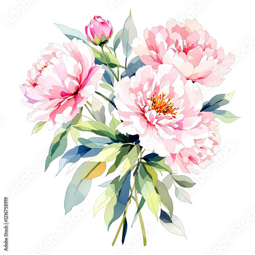 Watercolor pink magenta peony flowers bouquet.	
