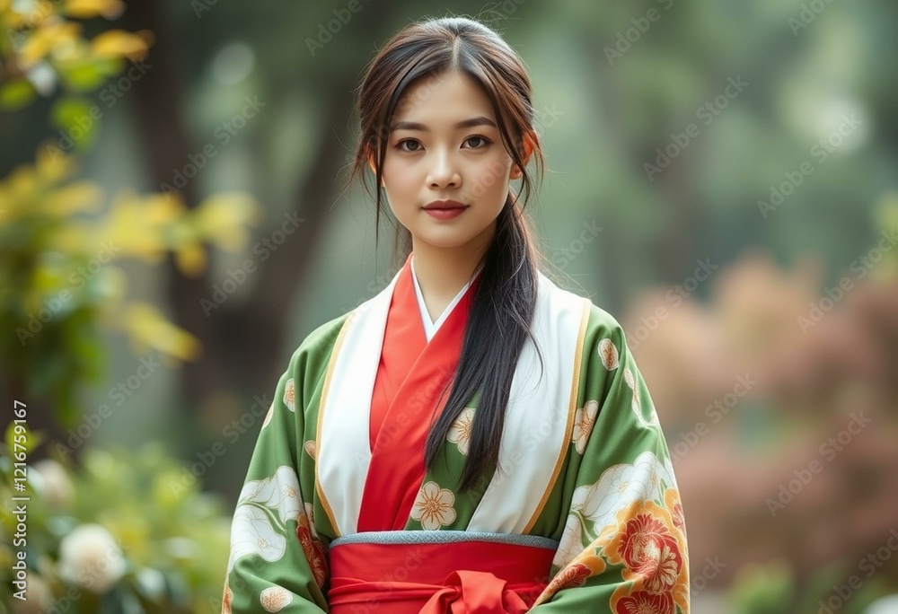 Asian woman in traditional Japanese clothing with green kimono and white haori jacket Asian woman in traditional Japanese clothing with green kimono and white haori jacket