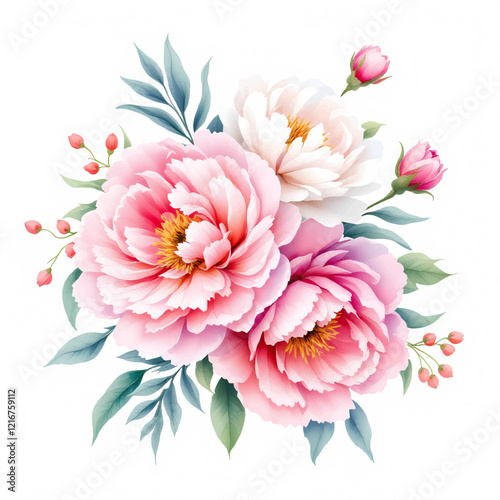 Watercolor pink magenta peony flowers bouquet.	