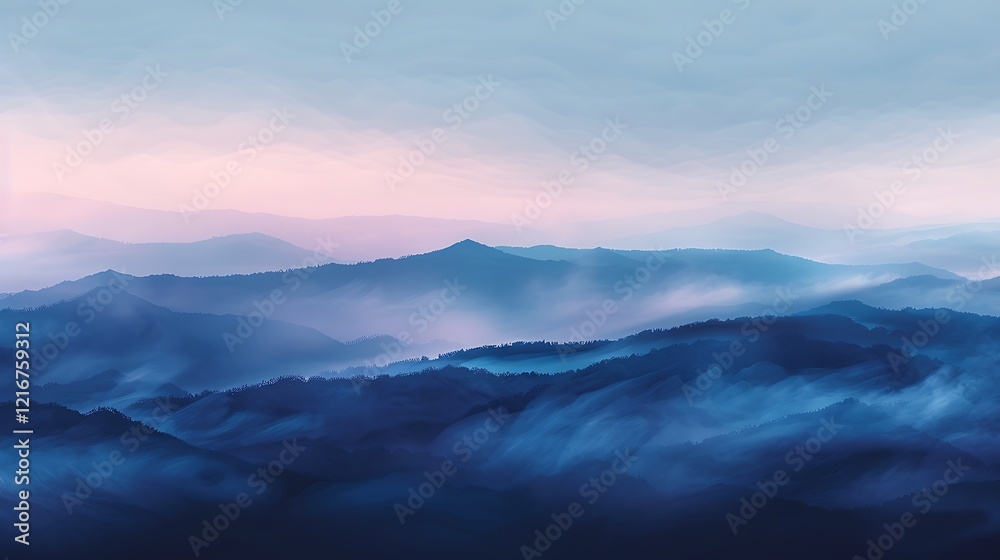 Obraz premium Abstract Blue Mountain Landscape with Fog and Pastel Sky