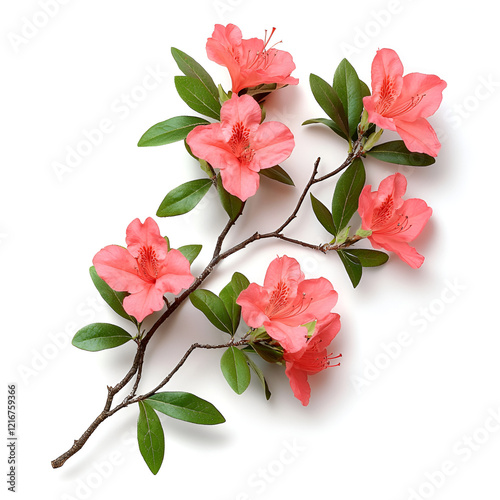 Delicate branch of vibrant coral azaleas, blossoms in full bloom against a white background.