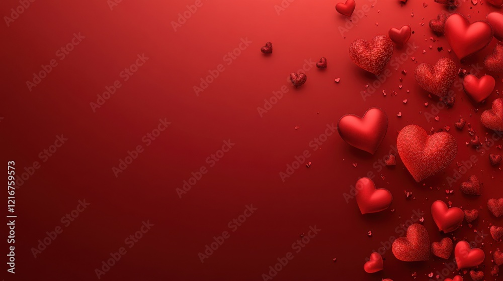 Obraz premium A Timeless Expression of Love: A Delicate Arrangement of Velvet Red Roses and Heart-Shaped Accents, Gracefully Cascading Against a Lush Crimson Background, Symbolizing Eternal Affection.