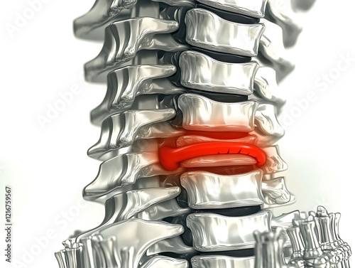 Highdetail 3D render of a human cervical spine with highlighted intervertebral disc herniation.