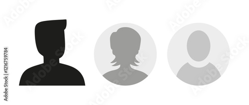 Vector flat illustration in grayscale. Icons of man and woman. Avatar, user profile, person icon, profile picture. Suitable for social media profiles, icons, screensavers and as a template.