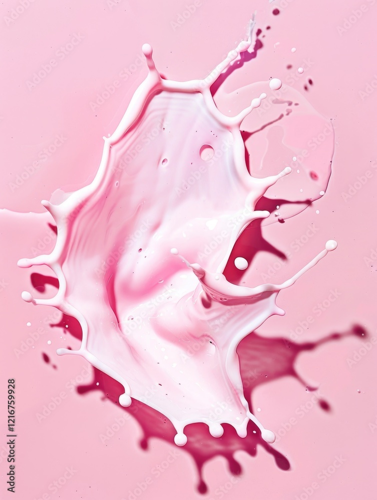 An abstract painting with splatters of pink and white liquid paint on a textured surface. An abstract painting with splatters of pink and white liquid paint on a textured surface.