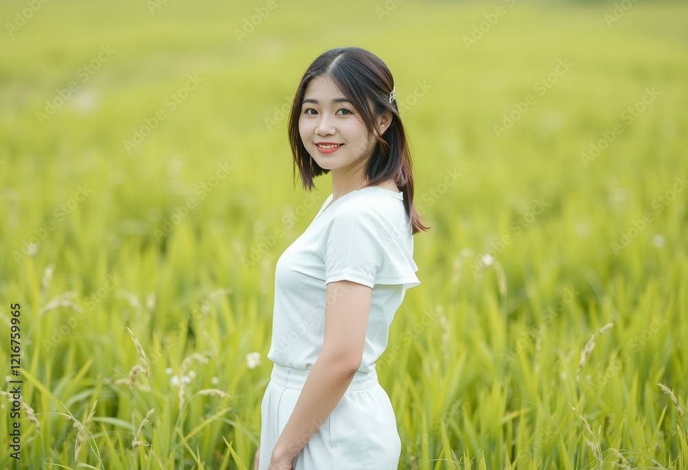 Serene Asian woman in a bright green meadow Serene Asian woman in a bright green meadow