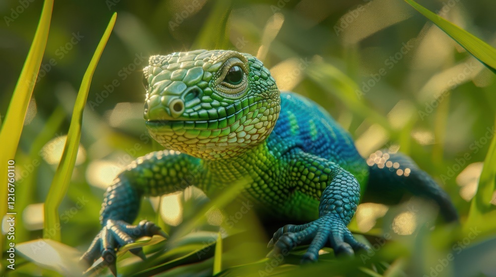 Fototapeta premium Colorful lizard crawling through lush green grass in a sunlit environment, showcasing nature's beauty