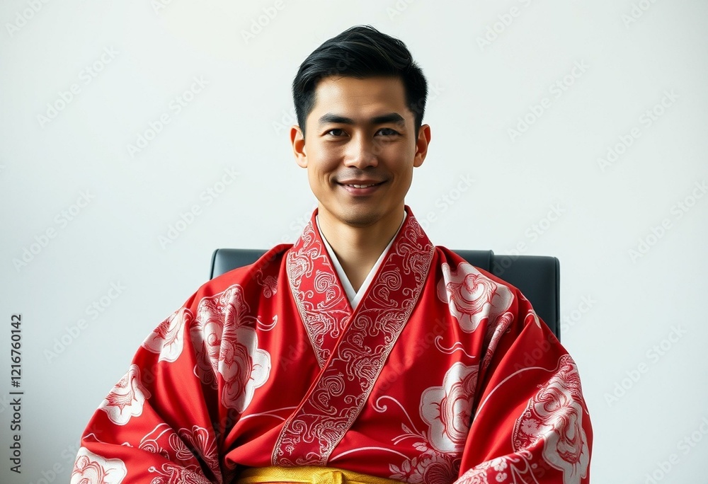 Portrait of a male in traditional Japanese clothing in a modern office Portrait of a male in traditional Japanese clothing in a modern office