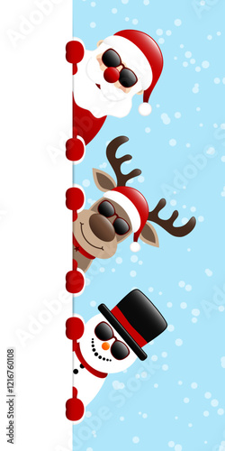 Vertikales Banner Weihnachtsmann Rentier Und Schneemann Sonnenbrille Rechts Schnee Blau Dunkelrot