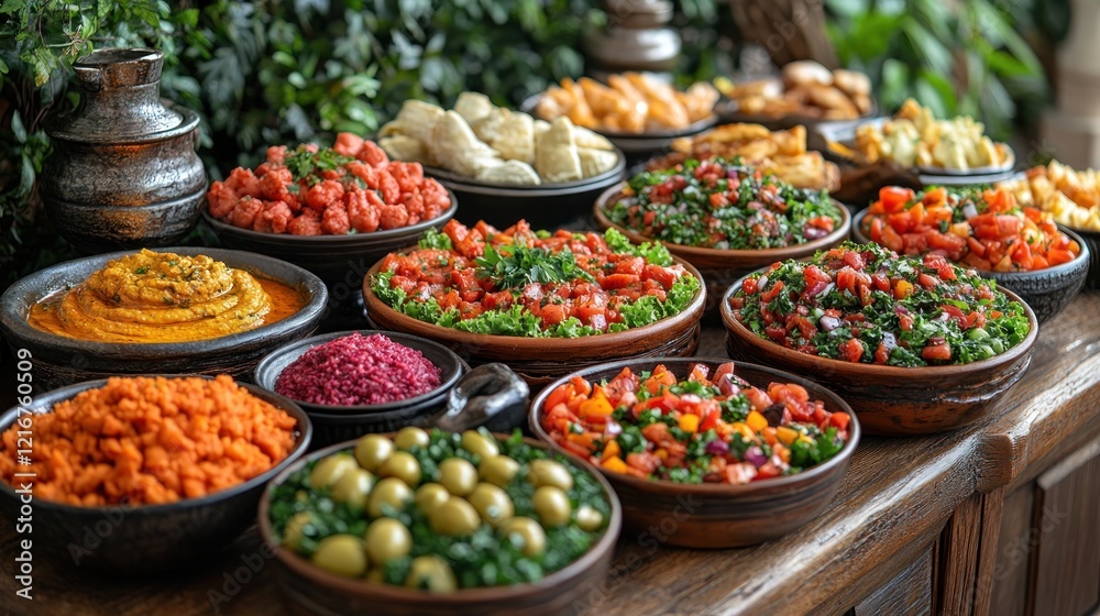 Diverse buffet, garden setting, Middle Eastern food, event catering Diverse buffet, garden setting, Middle Eastern food, event catering