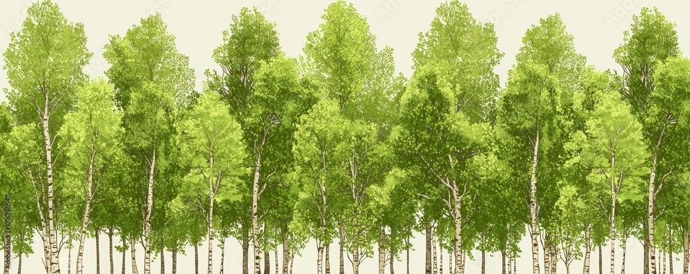 Lush Green Birch Forest Springtime Nature Scene Tranquil Woodland Panorama